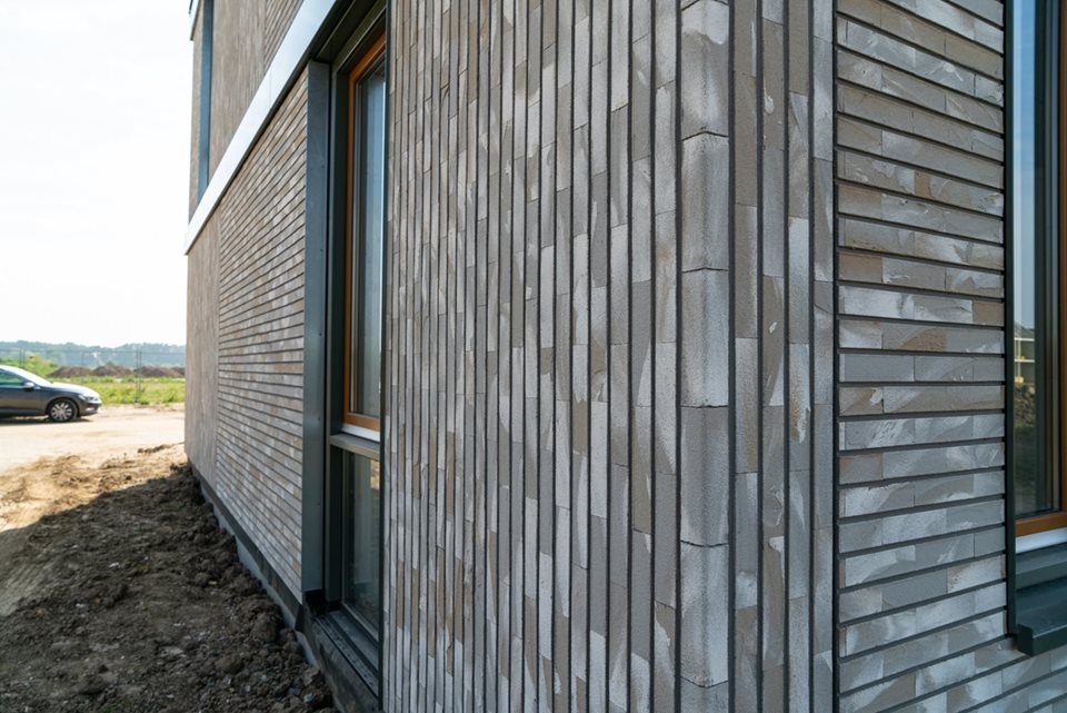 Minerale steenstrips op een prefab gevel in Nijmegen