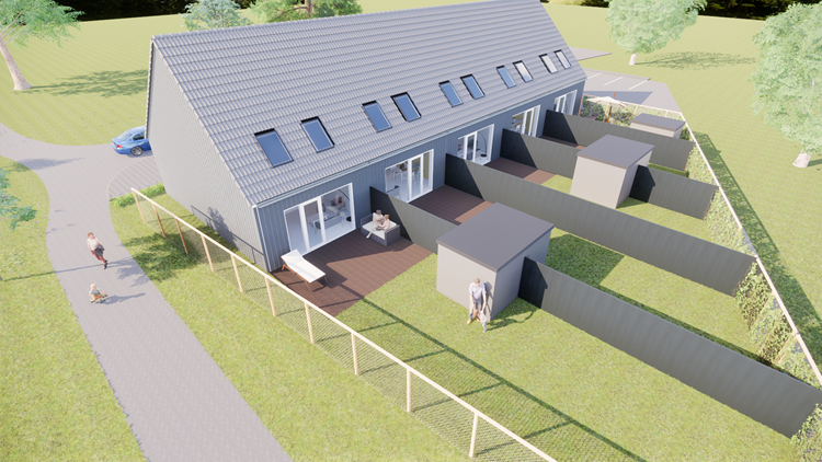 Artist impression van de achtergevel van Premodu woningen in Groesbeek