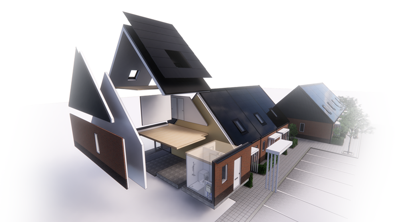 Een geëxplodeerde weergave van de prefab elementen van het Premodu-woningconcept